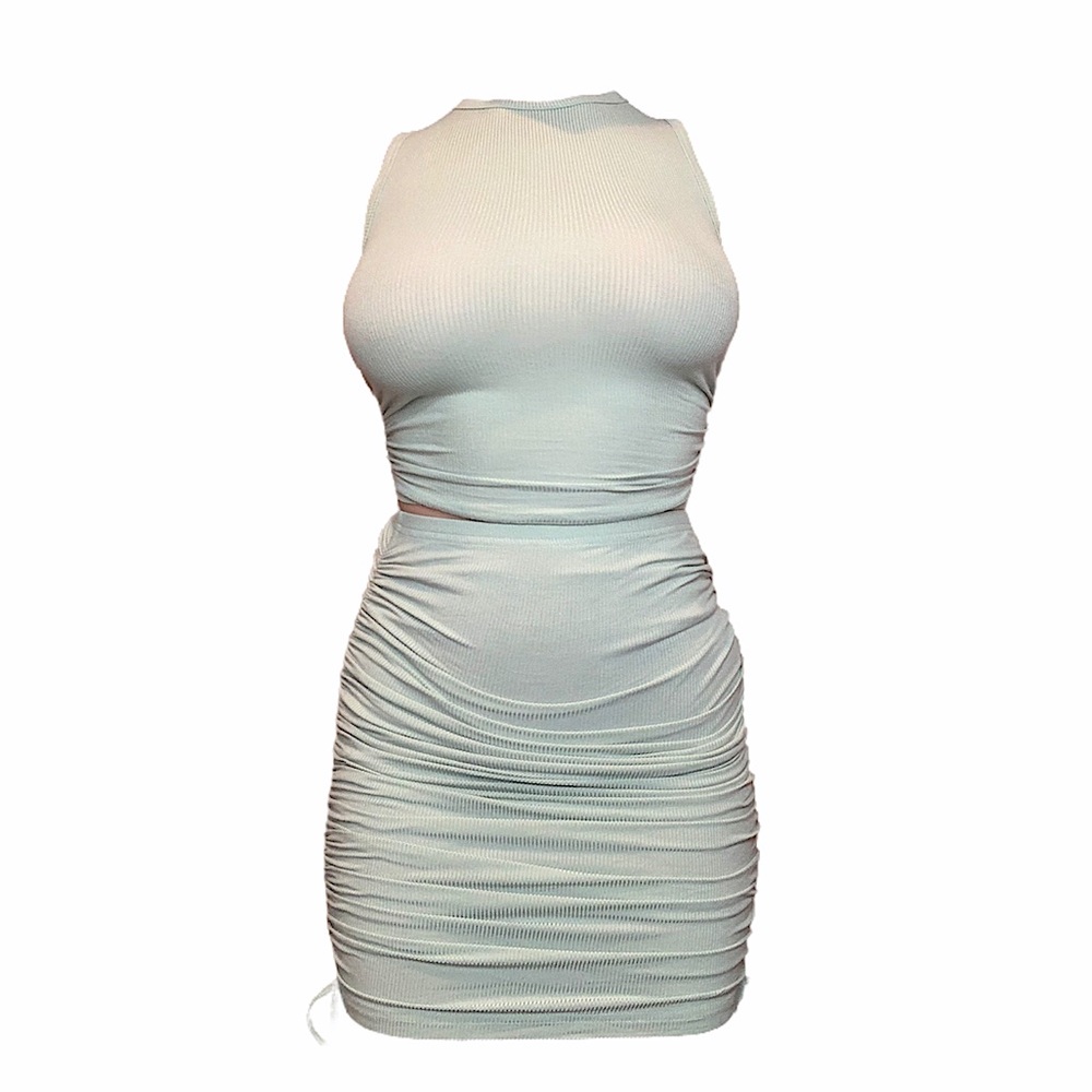 Rib knit tank top, ruched drawstring skirt set